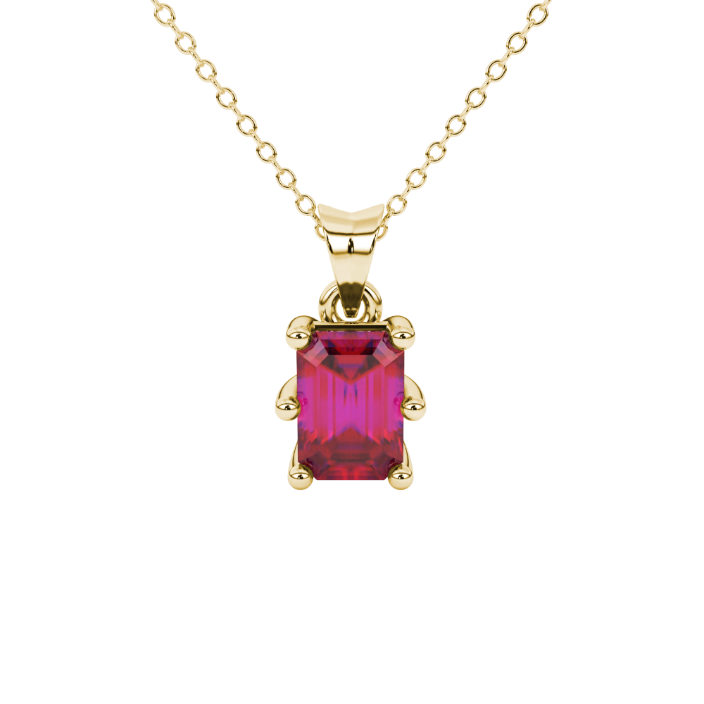 Emerald cut red gemstone solitaire pendant in gold with six prong setting