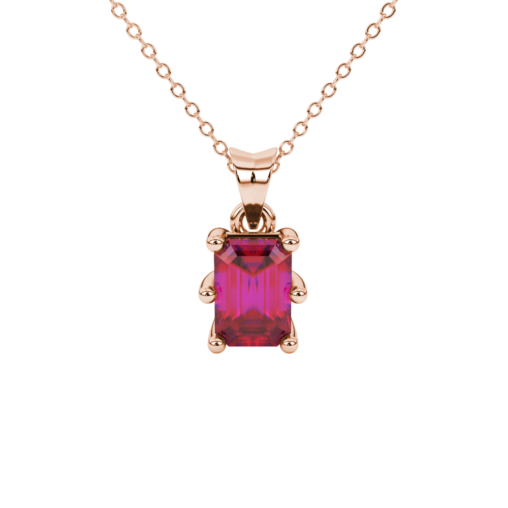 Emerald cut red gemstone solitaire pendant in gold with six prong setting