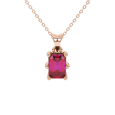 Emerald cut red gemstone solitaire pendant in gold with six prong setting