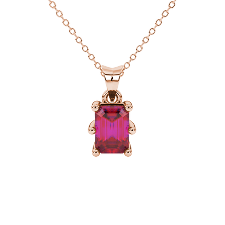 Emerald cut red gemstone solitaire pendant in gold with six prong setting