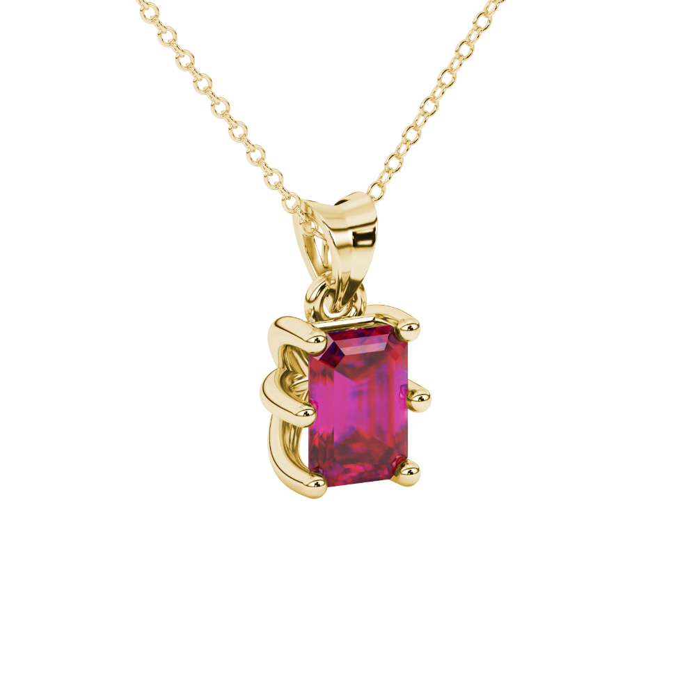 Emerald cut red gemstone solitaire pendant in gold with six prong setting
