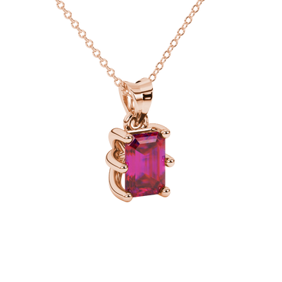 Emerald cut red gemstone solitaire pendant in gold with six prong setting
