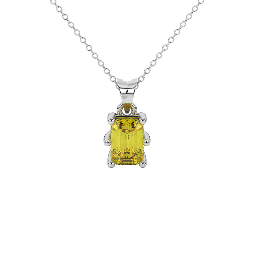 Emerald cut yellow gemstone solitaire pendant in gold with six prong setting