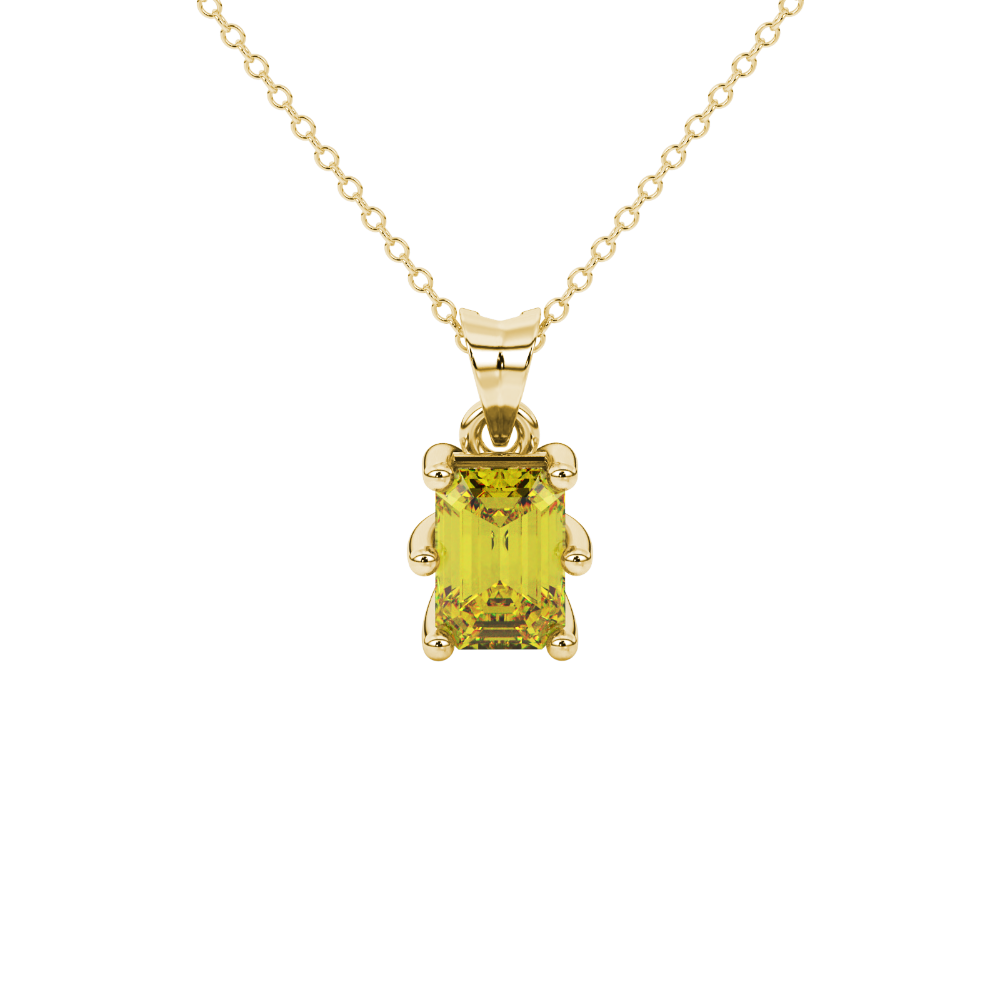 Emerald cut yellow gemstone solitaire pendant in gold with six prong setting