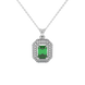Emerald cut green gemstone double halo pendant with octagonal diamond frame in gold
