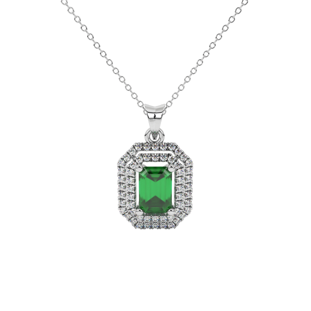 Emerald cut green gemstone double halo pendant with octagonal diamond frame in gold