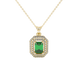 Emerald cut green gemstone double halo pendant with octagonal diamond frame in gold