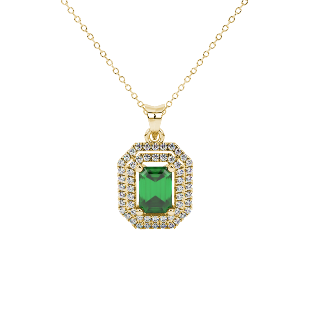 Emerald cut green gemstone double halo pendant with octagonal diamond frame in gold