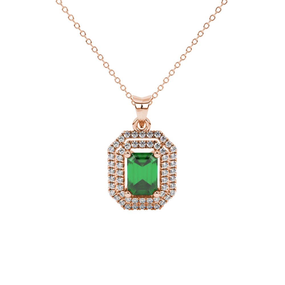 Emerald cut green gemstone double halo pendant with octagonal diamond frame in gold