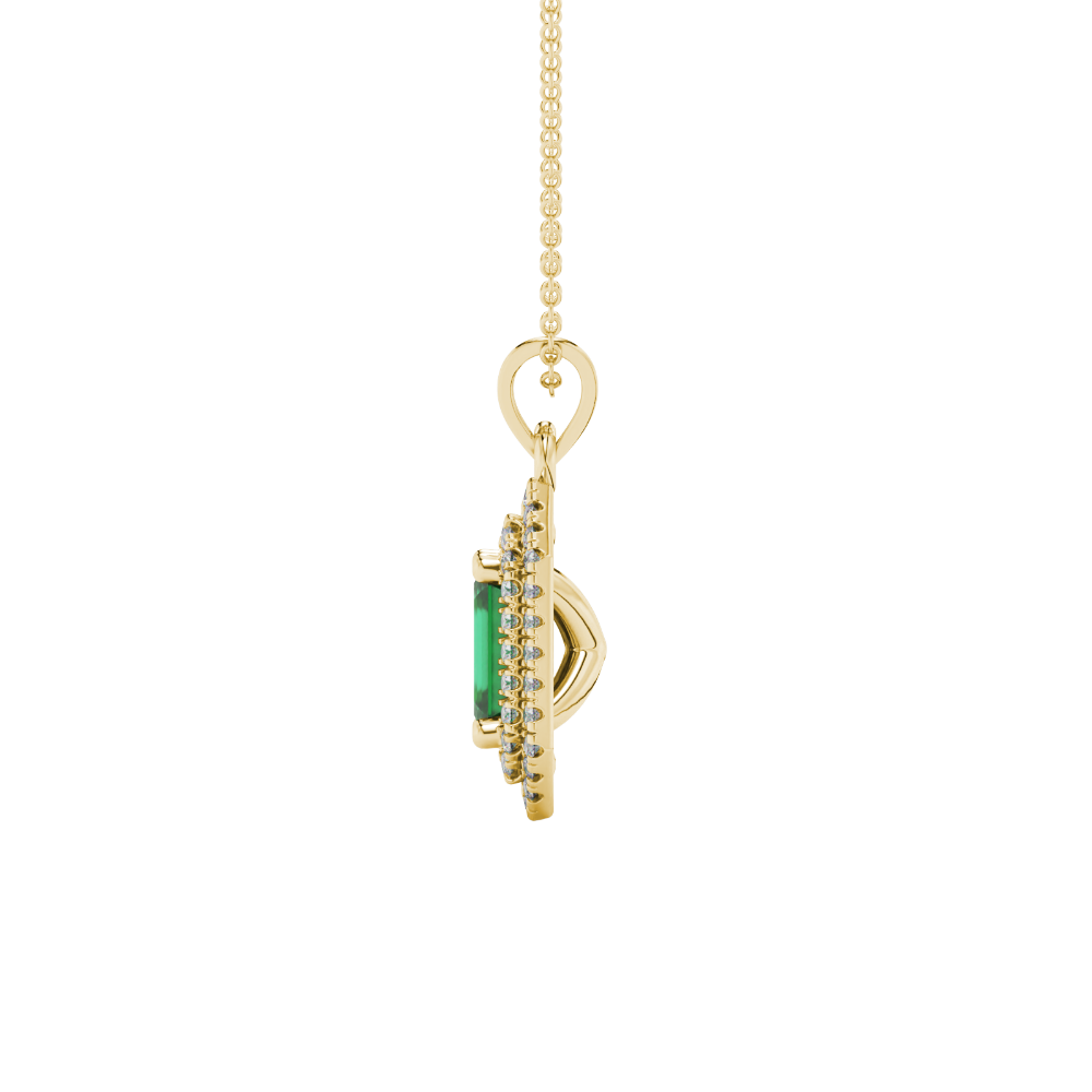 Emerald cut green gemstone double halo pendant with octagonal diamond frame in gold