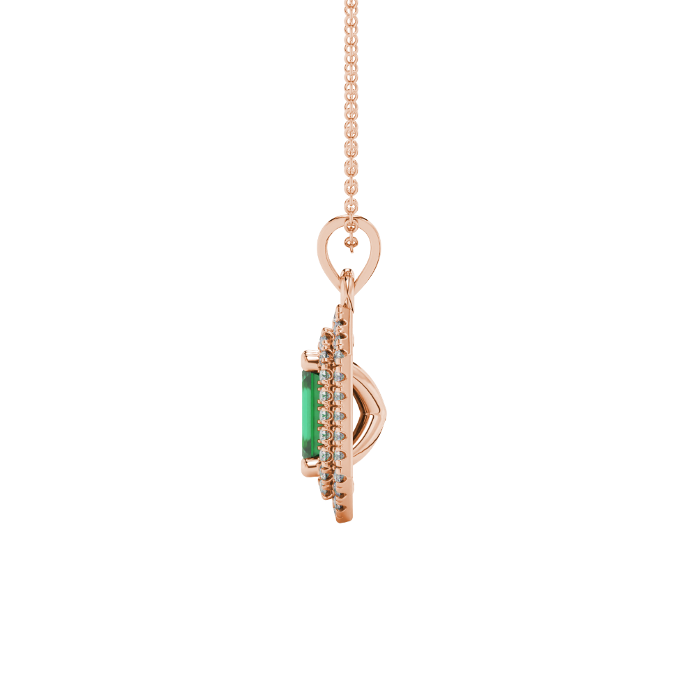Emerald cut green gemstone double halo pendant with octagonal diamond frame in gold