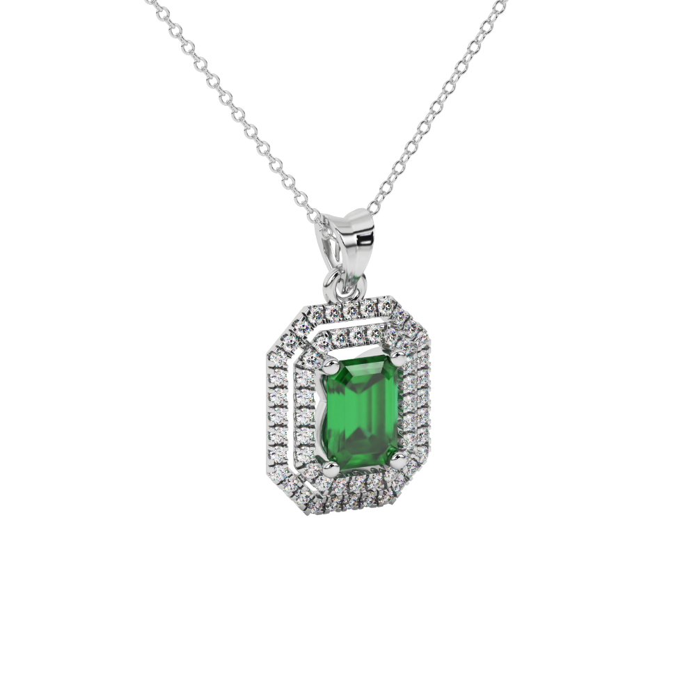 Emerald cut green gemstone double halo pendant with octagonal diamond frame in gold