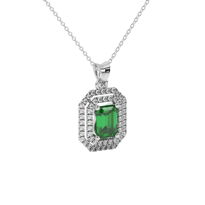 Emerald cut green gemstone double halo pendant with octagonal diamond frame in gold