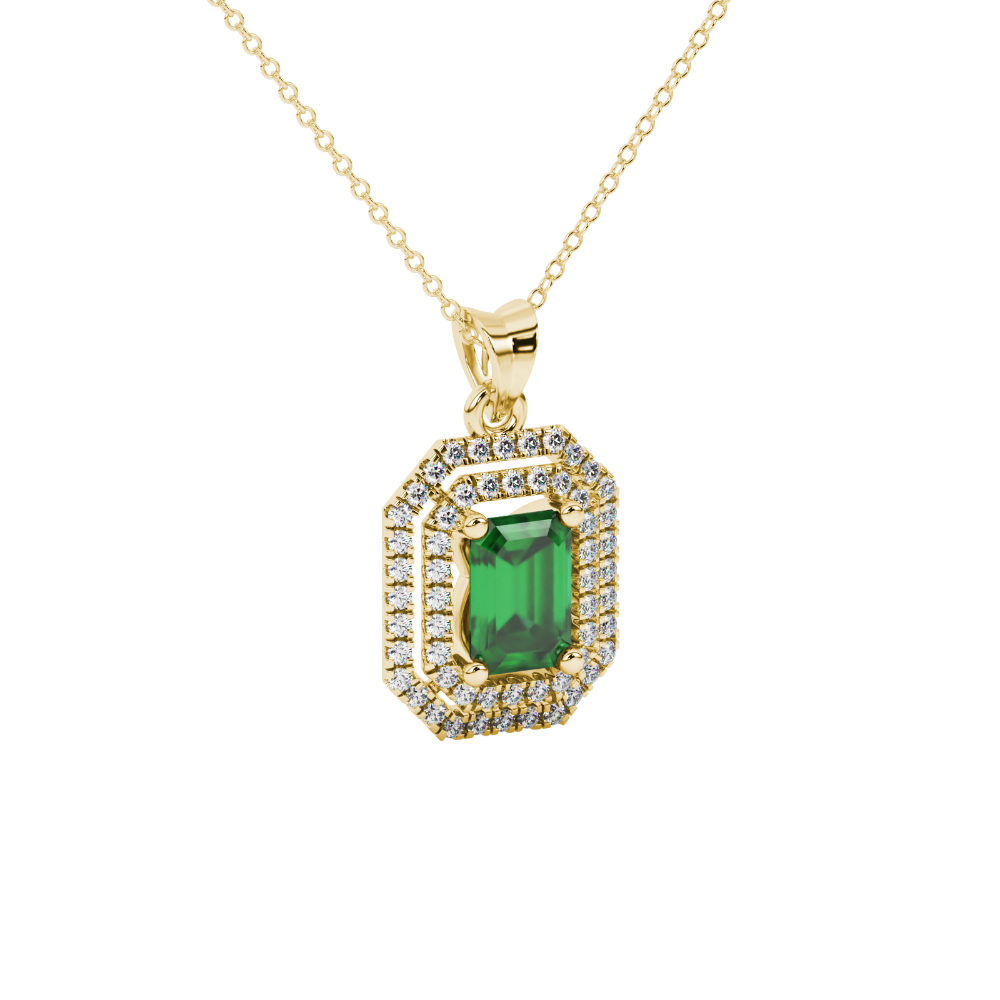 Emerald cut green gemstone double halo pendant with octagonal diamond frame in gold