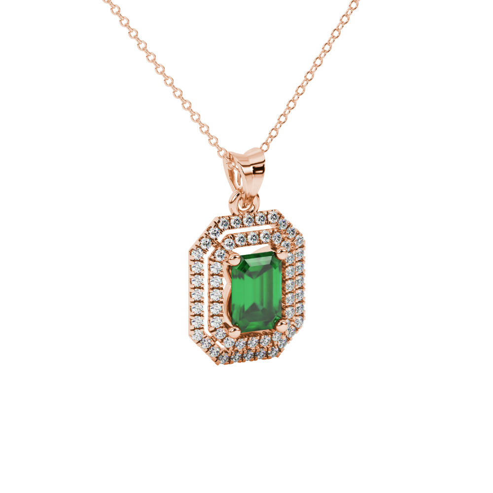 Emerald cut green gemstone double halo pendant with octagonal diamond frame in gold