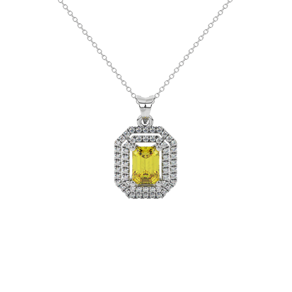 Emerald cut yellow gemstone double halo pendant with octagonal diamond frame in gold