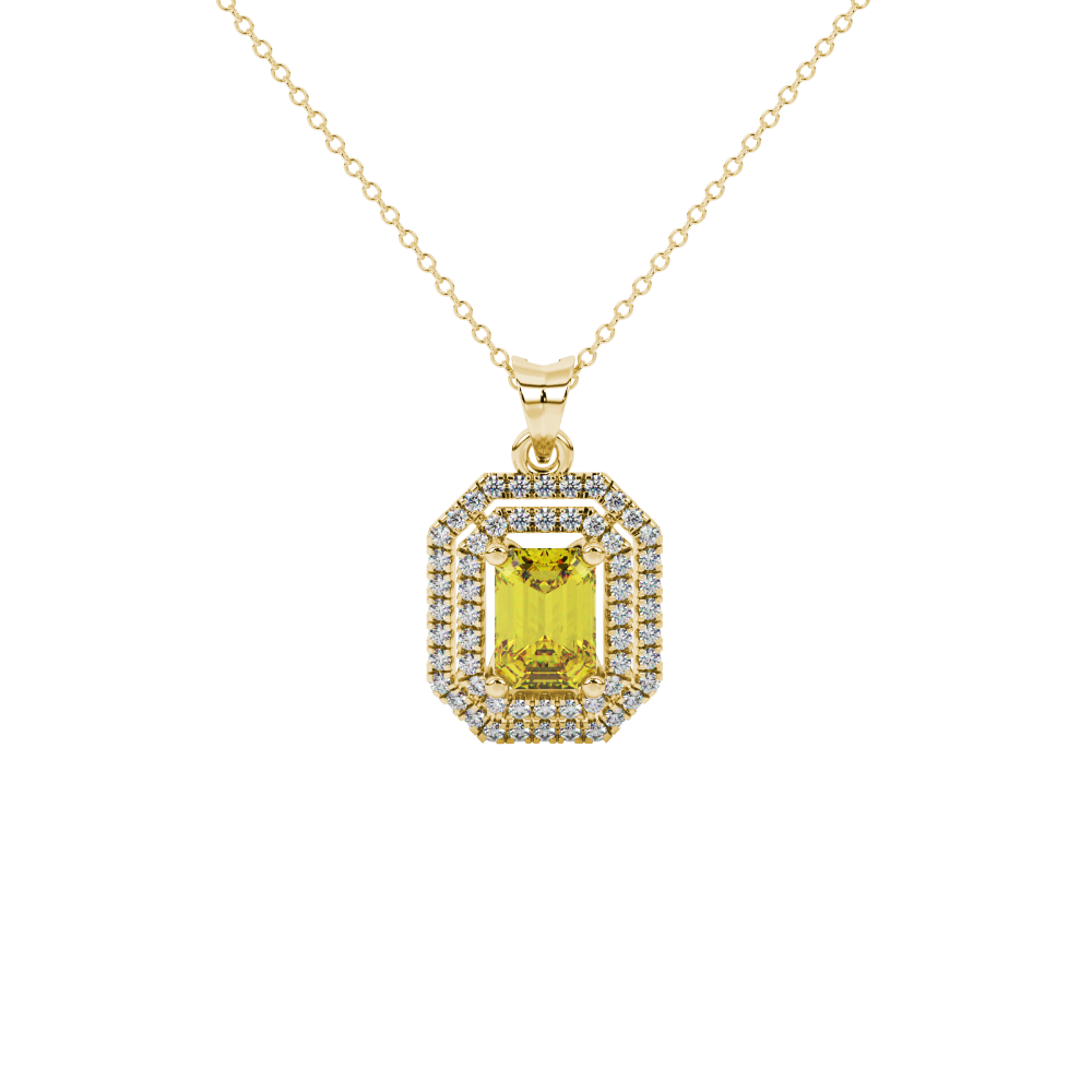 Emerald cut yellow gemstone double halo pendant with octagonal diamond frame in gold