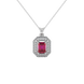Emerald cut red gemstone double halo pendant with octagonal diamond frame in gold