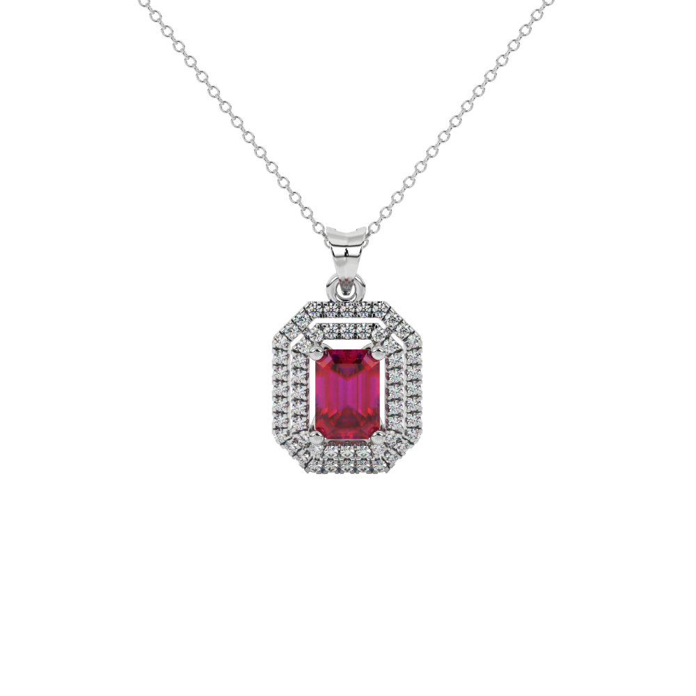 Emerald cut red gemstone double halo pendant with octagonal diamond frame in gold