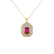 Emerald cut red gemstone double halo pendant with octagonal diamond frame in gold