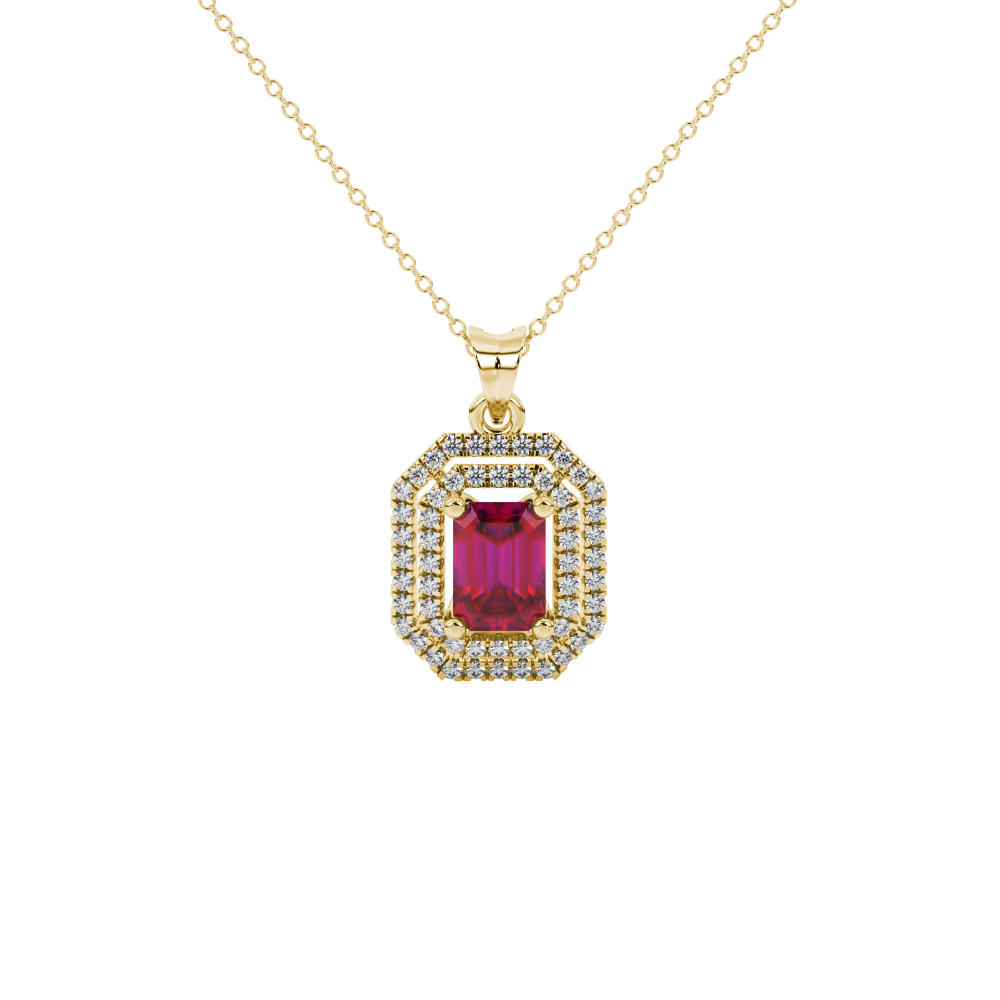 Emerald cut red gemstone double halo pendant with octagonal diamond frame in gold