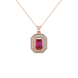 Emerald cut red gemstone double halo pendant with octagonal diamond frame in gold
