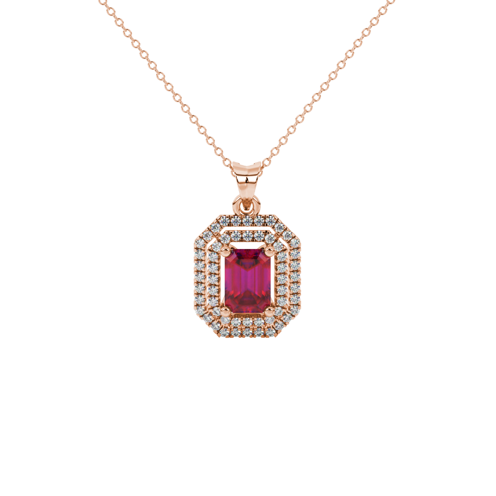 Emerald cut red gemstone double halo pendant with octagonal diamond frame in gold