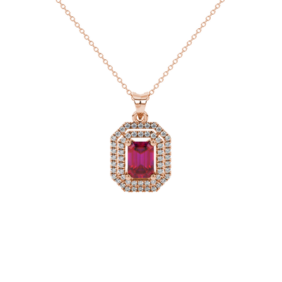 Emerald cut red gemstone double halo pendant with octagonal diamond frame in gold