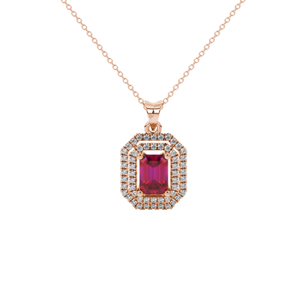 Emerald cut red gemstone double halo pendant with octagonal diamond frame in gold