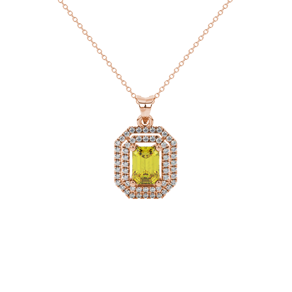 Emerald cut yellow gemstone double halo pendant with octagonal diamond frame in gold