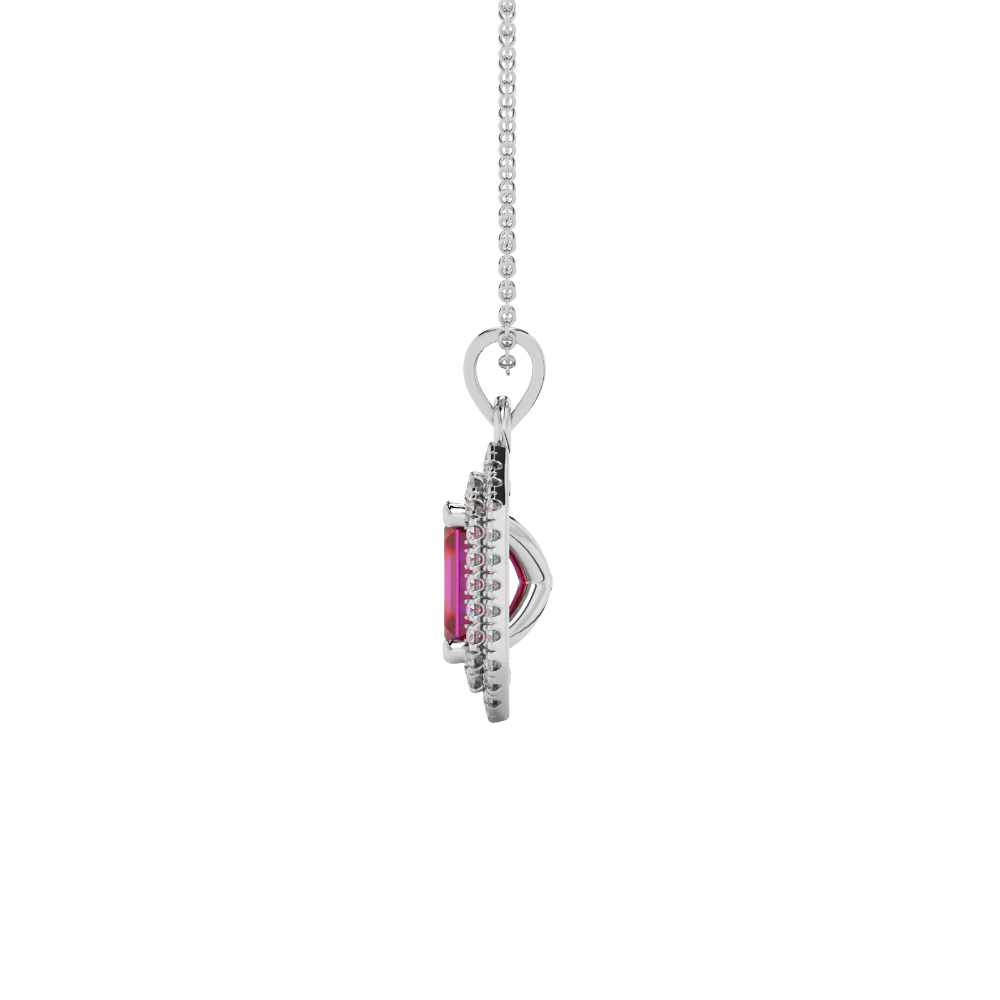 Emerald cut red gemstone double halo pendant with octagonal diamond frame in gold