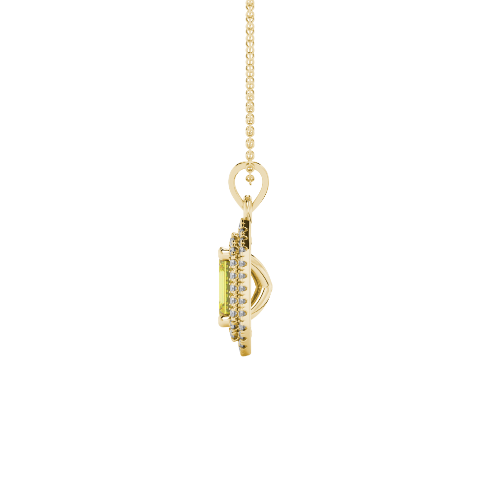 Emerald cut yellow gemstone double halo pendant with octagonal diamond frame in gold