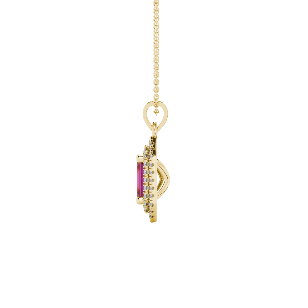 Emerald cut red gemstone double halo pendant with octagonal diamond frame in gold