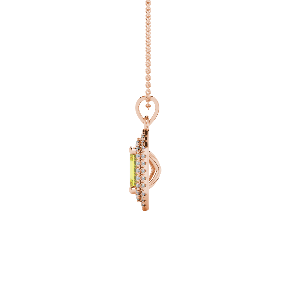 Emerald cut yellow gemstone double halo pendant with octagonal diamond frame in gold