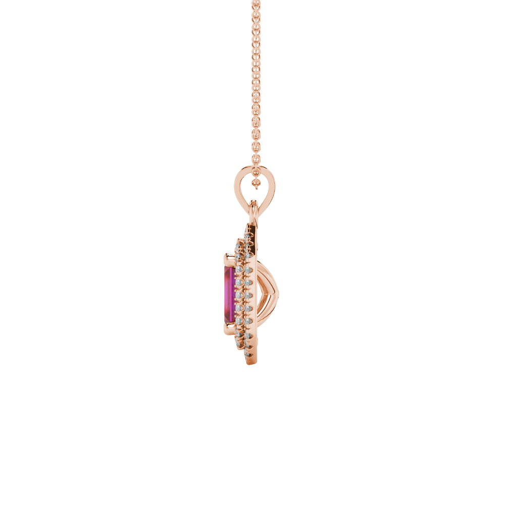 Emerald cut red gemstone double halo pendant with octagonal diamond frame in gold