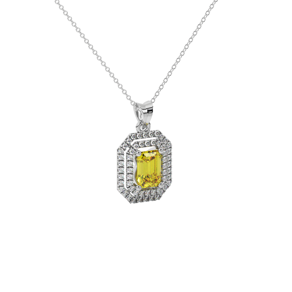 Emerald cut yellow gemstone double halo pendant with octagonal diamond frame in gold