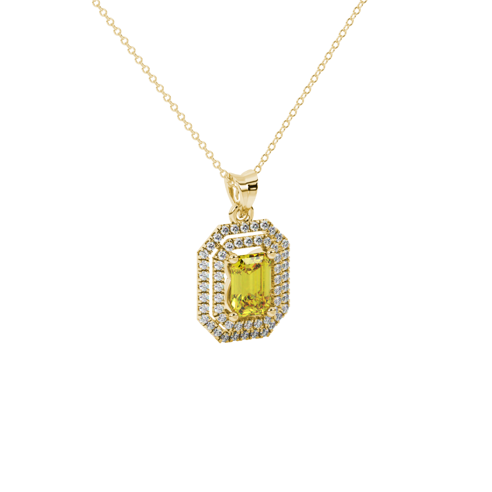 Emerald cut yellow gemstone double halo pendant with octagonal diamond frame in gold