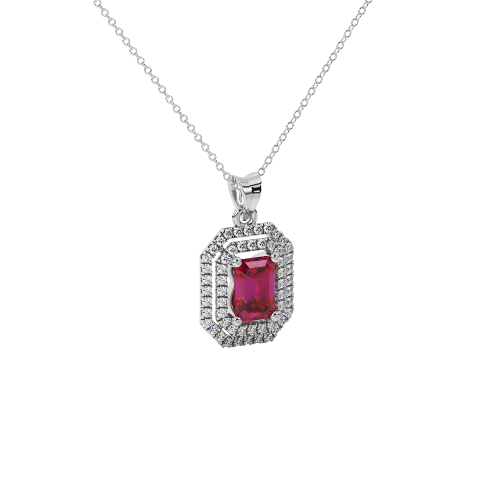 Emerald cut red gemstone double halo pendant with octagonal diamond frame in gold