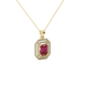 Emerald cut red gemstone double halo pendant with octagonal diamond frame in gold