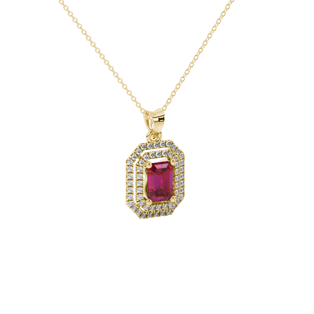 Emerald cut red gemstone double halo pendant with octagonal diamond frame in gold