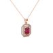 Emerald cut red gemstone double halo pendant with octagonal diamond frame in gold