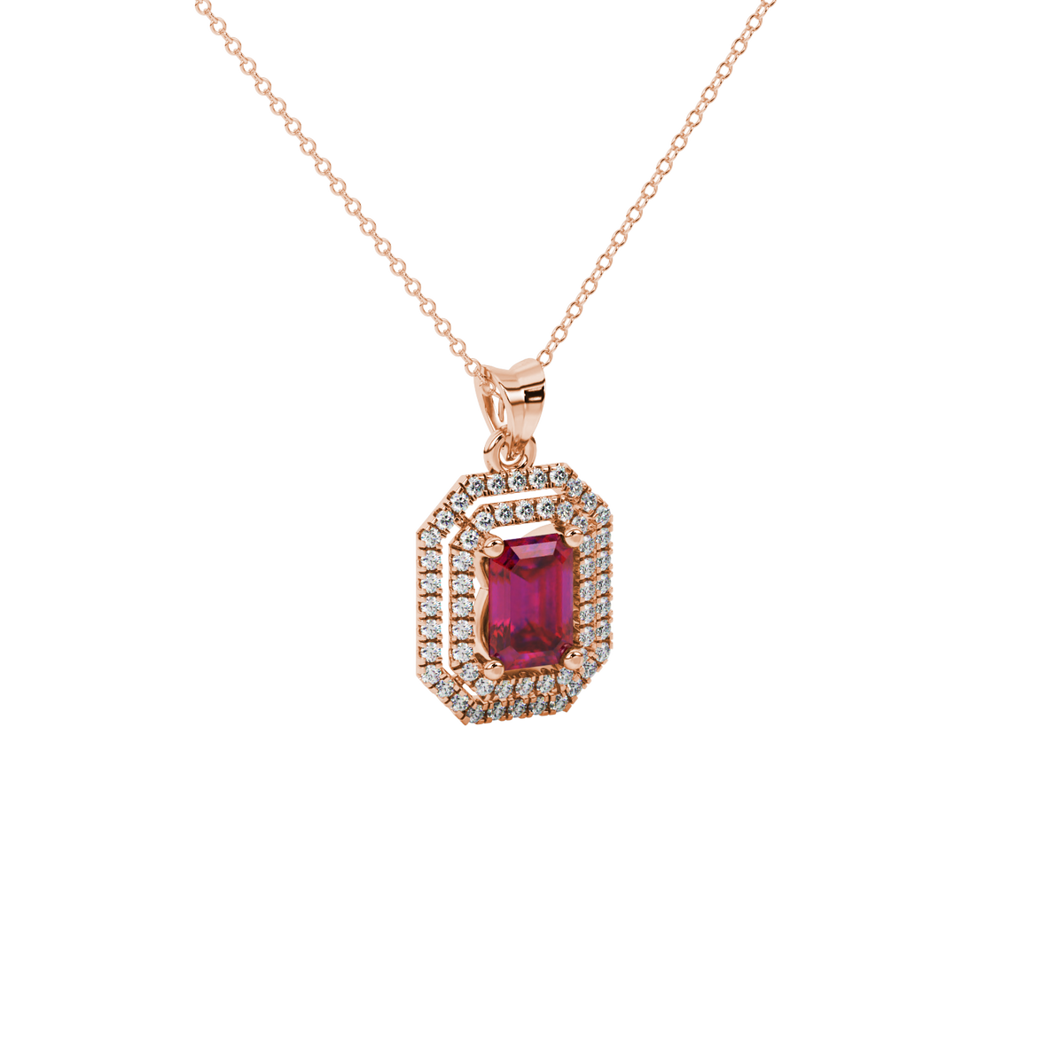 Emerald cut red gemstone double halo pendant with octagonal diamond frame in gold