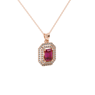 raspberry red gemstone double halo pendant in rose gold