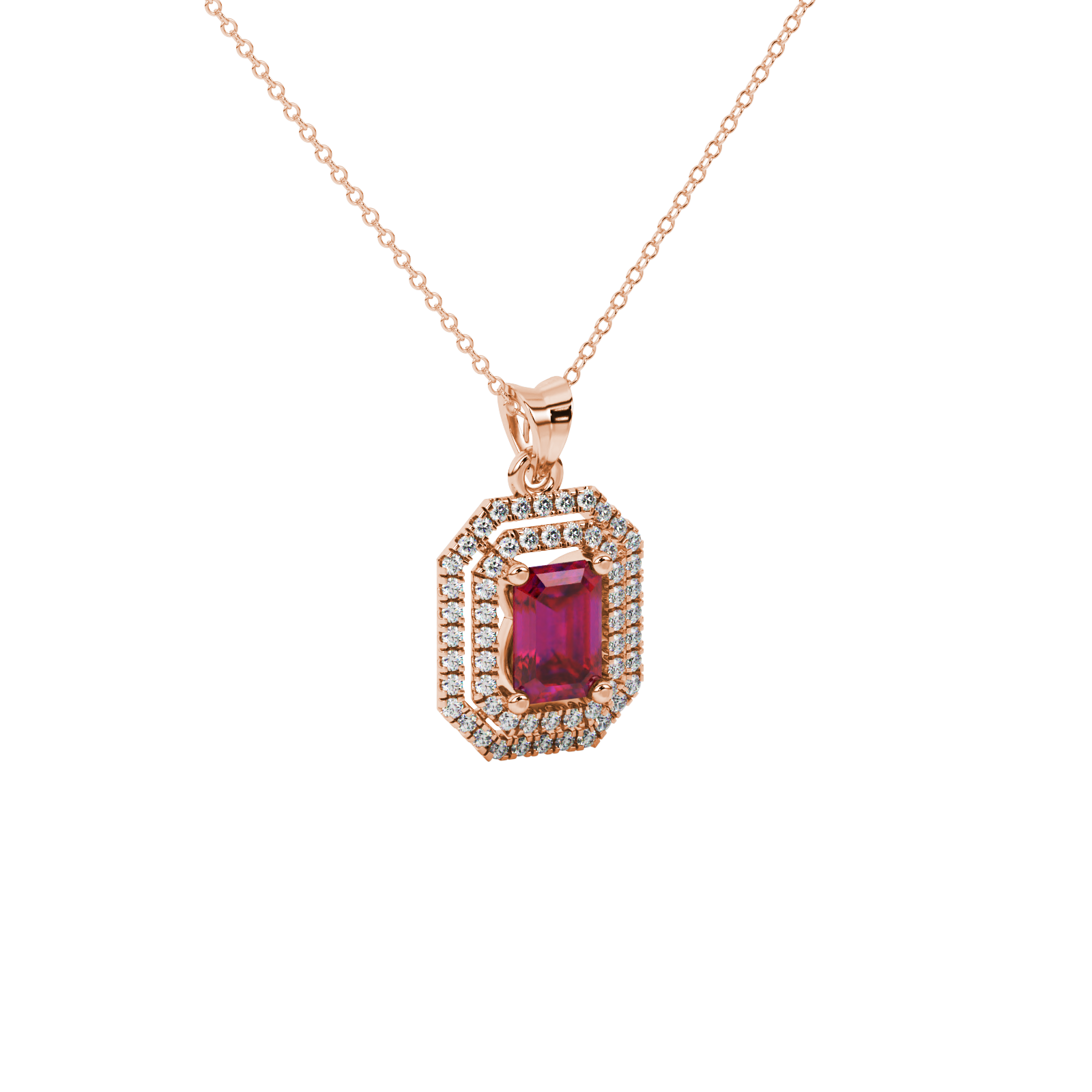 Emerald cut red gemstone double halo pendant with octagonal diamond frame in gold