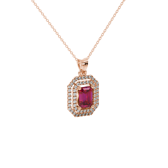 raspberry red gemstone double halo pendant in rose gold