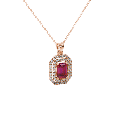 Emerald cut red gemstone double halo pendant with octagonal diamond frame in gold