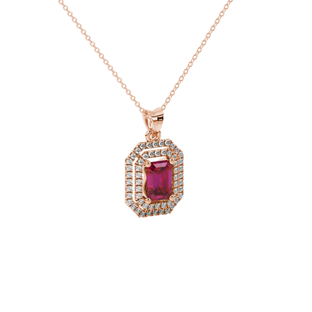 Emerald cut red gemstone double halo pendant with octagonal diamond frame in gold