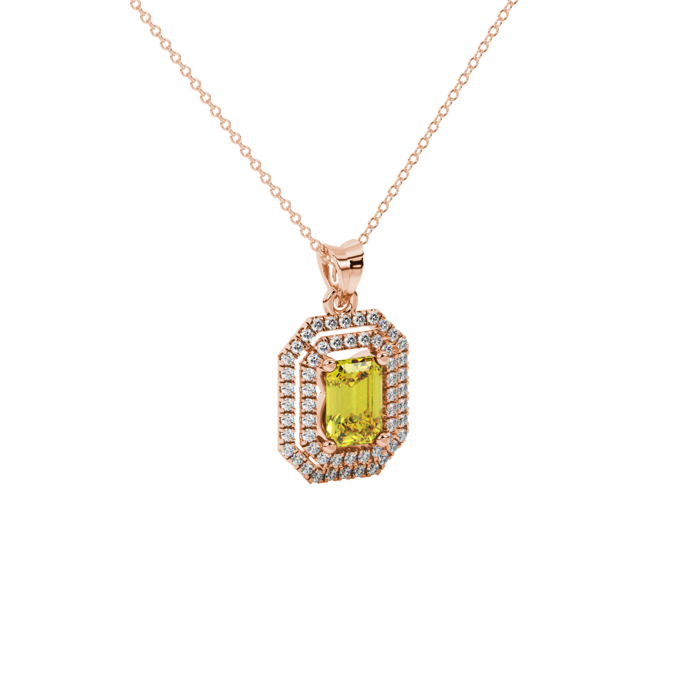 Emerald cut yellow gemstone double halo pendant with octagonal diamond frame in gold
