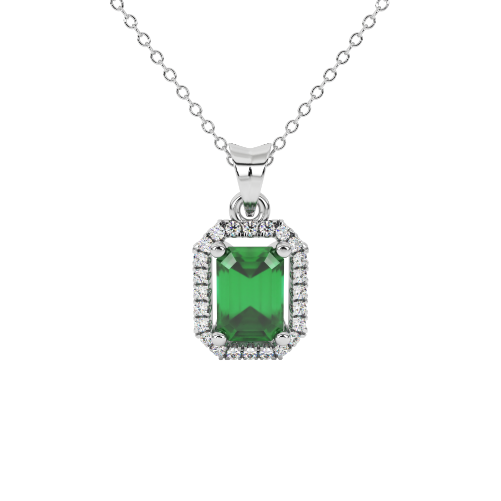 Emerald cut green gemstone halo pendant with round diamond accents