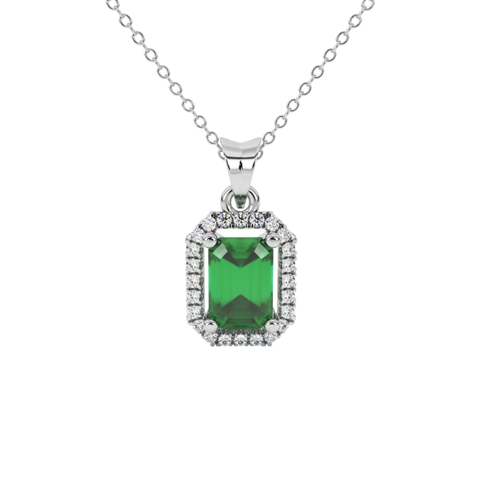Emerald cut green gemstone halo pendant with round diamond accents